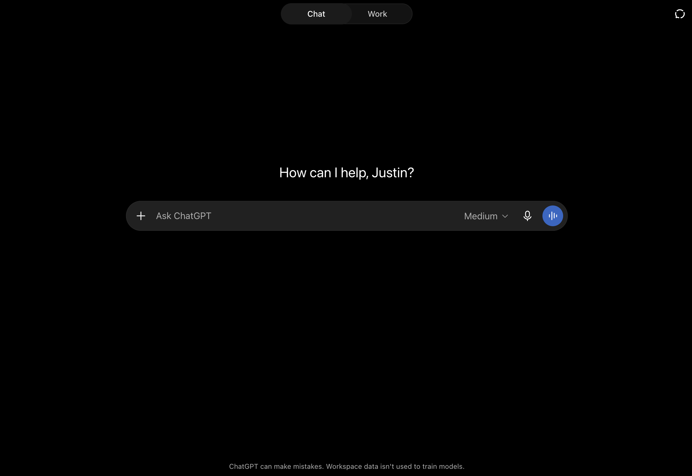 ChatGPT screen reading How can I help, Justin? with the Ask ChatGPT prompt bar below.
